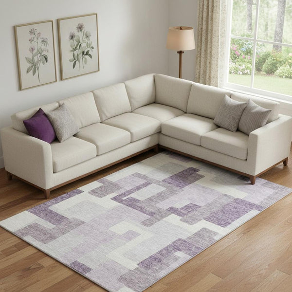 HomeRoots 8' X 10' Lavender Ivory Abstract Geometric Area Rug - Durable, Washable, UV-Protected for Homes 662445