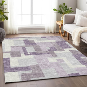HomeRoots 10' X 14' Lavender & Ivory Abstract Geometric Area Rug - Washable, UV-Protected, Stylish & Durable! 662447