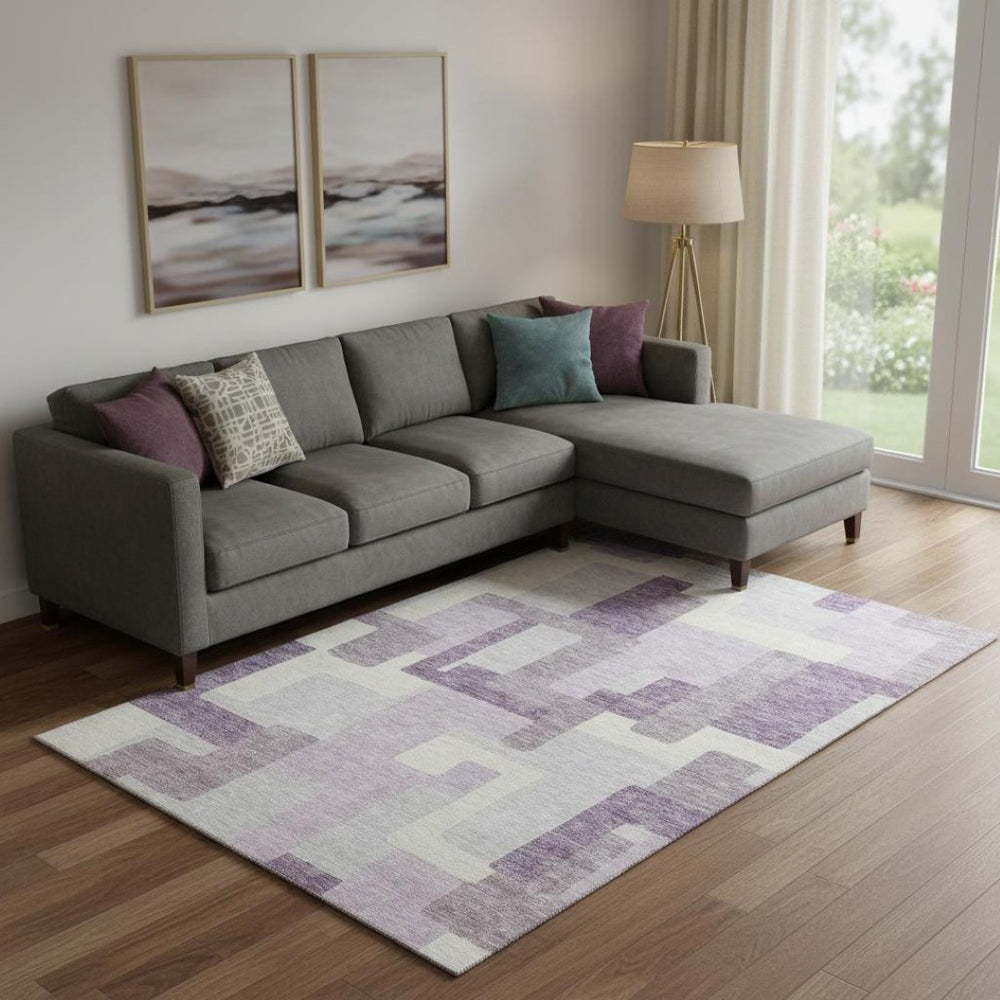 HomeRoots 10' X 14' Lavender & Ivory Abstract Geometric Area Rug - Washable, UV-Protected, Stylish & Durable! 662447