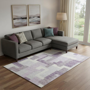 HomeRoots 10' X 14' Lavender & Ivory Abstract Geometric Area Rug - Washable, UV-Protected, Stylish & Durable! 662447
