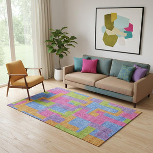HomeRoots 5' X 8' Vibrant Purple, Pink & Green Abstract Geometric Area Rug – Washable, UV Protected & Durable! 662449