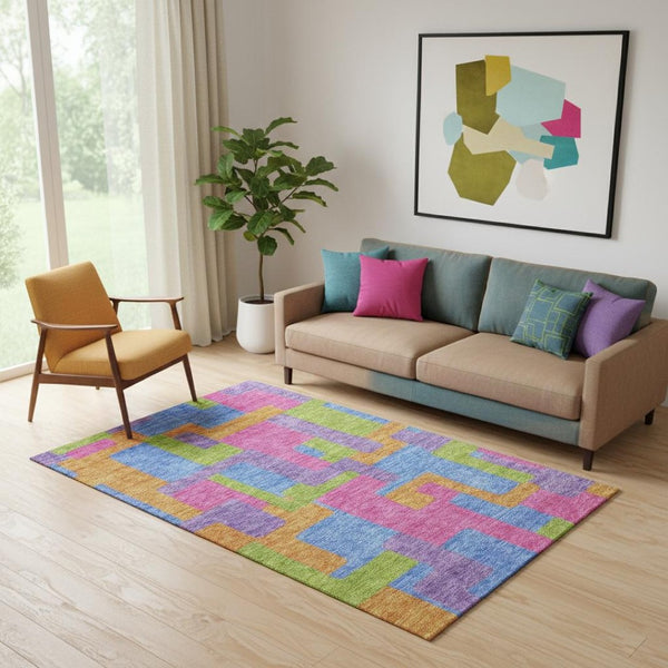 HomeRoots 5' X 8' Vibrant Purple, Pink & Green Abstract Geometric Area Rug – Washable, UV Protected & Durable! 662449