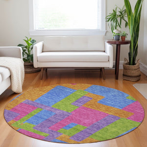 HomeRoots 8' Abstract Geometric Round Rug in Vibrant Purple, Pink & Green - Washable, UV Protected, Durable Design 662450