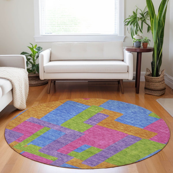 HomeRoots 8' Abstract Geometric Round Rug in Vibrant Purple, Pink & Green - Washable, UV Protected, Durable Design 662450