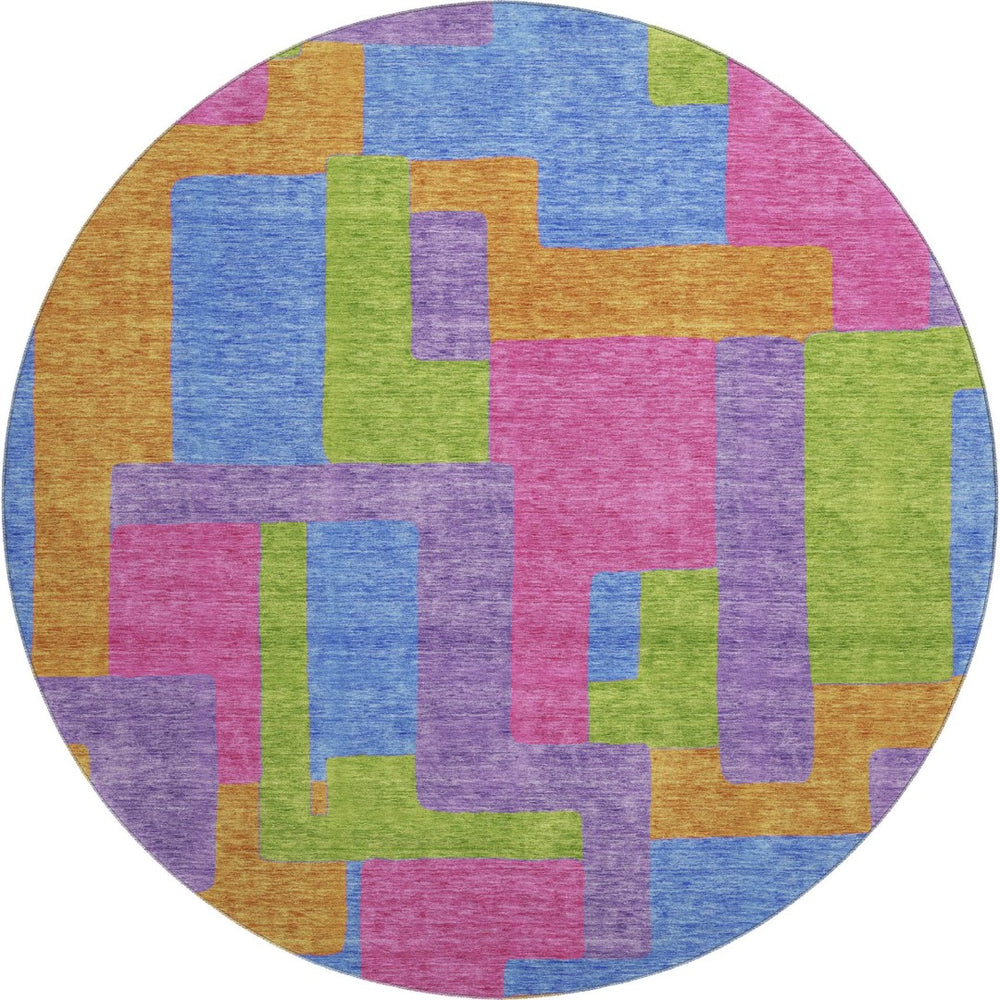 HomeRoots 8' Abstract Geometric Round Rug in Vibrant Purple, Pink & Green - Washable, UV Protected, Durable Design 662450