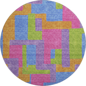 HomeRoots 8' Abstract Geometric Round Rug in Vibrant Purple, Pink & Green - Washable, UV Protected, Durable Design 662450
