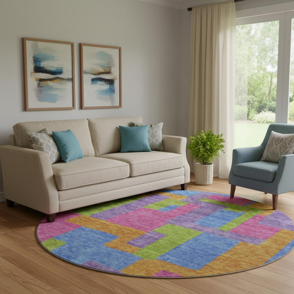 HomeRoots 8' Abstract Geometric Round Rug in Vibrant Purple, Pink & Green - Washable, UV Protected, Durable Design 662450