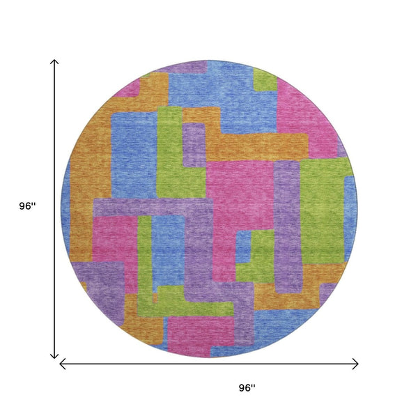 HomeRoots 8' Abstract Geometric Round Rug in Vibrant Purple, Pink & Green - Washable, UV Protected, Durable Design 662450