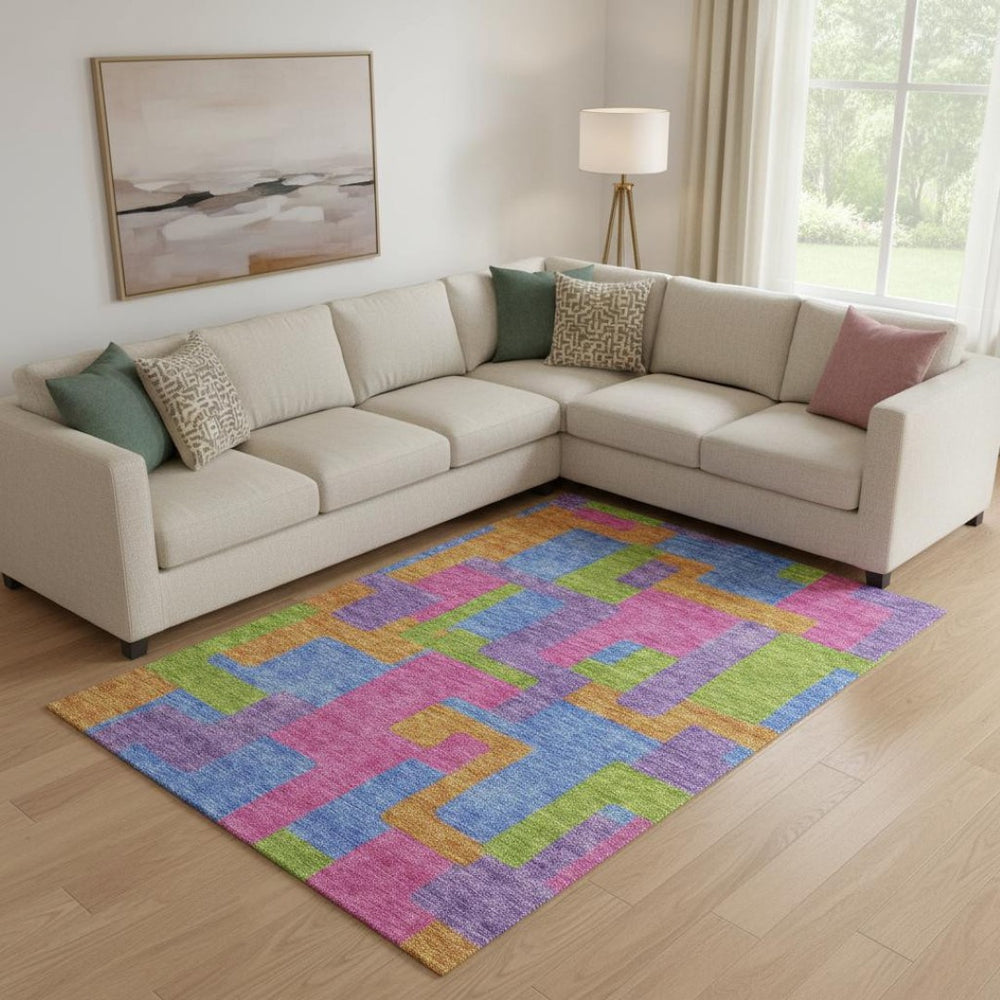HomeRoots 8' X 10' Vibrant Geometric Area Rug in Purple, Pink & Green - Washable, UV-Protected & Stain-Resistant 662451