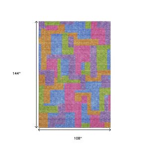 HomeRoots 9' X 12' Abstract Geometric Area Rug in Purple, Pink & Green – Washable, UV Protected & Stylish 662452