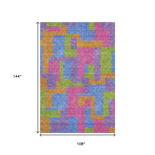 HomeRoots 9' X 12' Abstract Geometric Area Rug in Purple, Pink & Green – Washable, UV Protected & Stylish 662452
