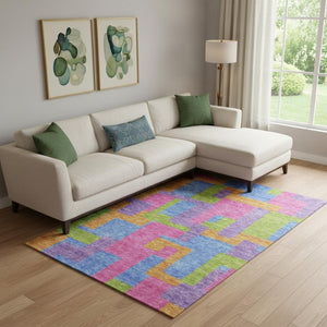 HomeRoots 9' X 12' Abstract Geometric Area Rug in Purple, Pink & Green – Washable, UV Protected & Stylish 662452