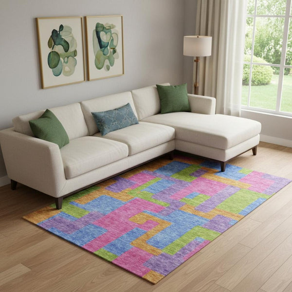 HomeRoots 9' X 12' Abstract Geometric Area Rug in Purple, Pink & Green – Washable, UV Protected & Stylish 662452