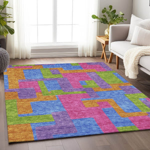 HomeRoots 9' X 12' Abstract Geometric Area Rug in Purple, Pink & Green – Washable, UV Protected & Stylish 662452