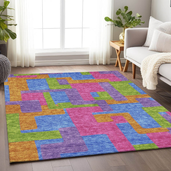 HomeRoots 9' X 12' Abstract Geometric Area Rug in Purple, Pink & Green – Washable, UV Protected & Stylish 662452