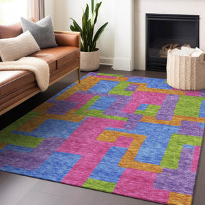 HomeRoots 9' X 12' Abstract Geometric Area Rug in Purple, Pink & Green – Washable, UV Protected & Stylish 662452