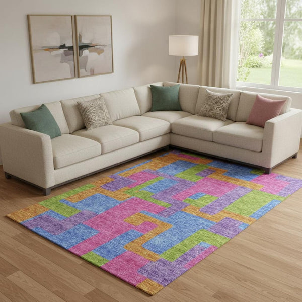 HomeRoots 10' X 14' Vibrant Abstract Geometric Washable Area Rug in Purple, Pink & Green – UV Protected! 662453