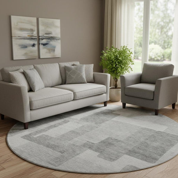 HomeRoots 8' Silver and Gray Abstract Geometric Round Rug - Washable, UV-Protected, Soft, Durable Design 662456