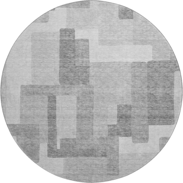 HomeRoots 8' Silver and Gray Abstract Geometric Round Rug - Washable, UV-Protected, Soft, Durable Design 662456
