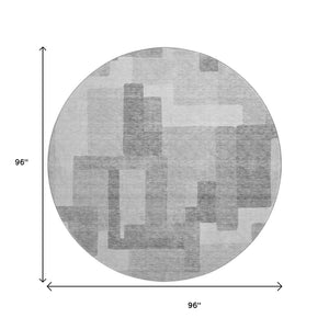 HomeRoots 8' Silver and Gray Abstract Geometric Round Rug - Washable, UV-Protected, Soft, Durable Design 662456