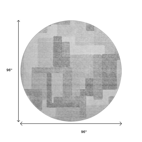 HomeRoots 8' Silver and Gray Abstract Geometric Round Rug - Washable, UV-Protected, Soft, Durable Design 662456