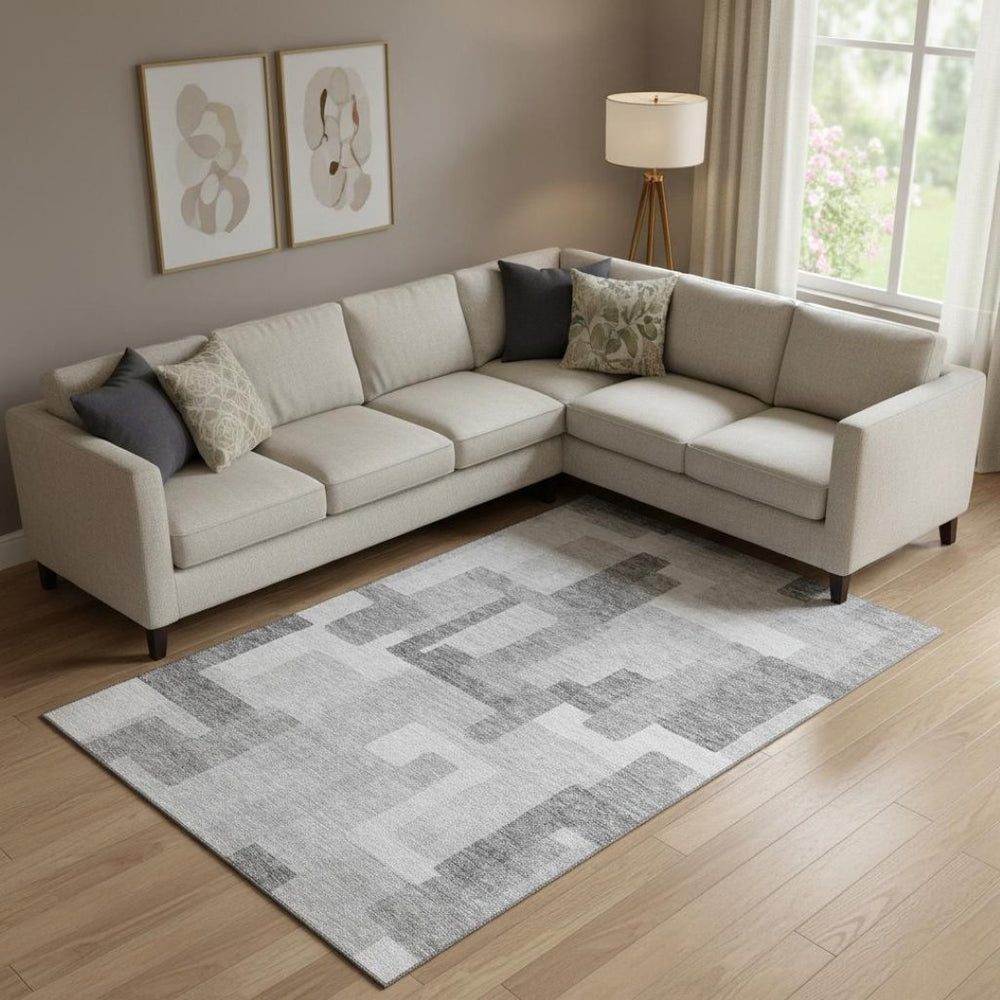 HomeRoots 9' X 12' Stylish Silver and Gray Geometric Washable Area Rug with Stain Resistance and UV Shielding 662458