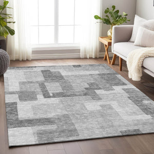 HomeRoots 9' X 12' Stylish Silver and Gray Geometric Washable Area Rug with Stain Resistance and UV Shielding 662458