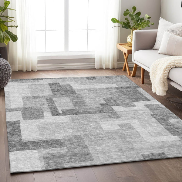 HomeRoots 9' X 12' Stylish Silver and Gray Geometric Washable Area Rug with Stain Resistance and UV Shielding 662458