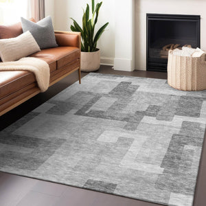 HomeRoots 9' X 12' Stylish Silver and Gray Geometric Washable Area Rug with Stain Resistance and UV Shielding 662458