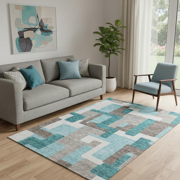 HomeRoots 5' X 8' Washable Teal Taupe Beige Geometric Area Rug with UV Protection for High-Traffic Spaces 662461