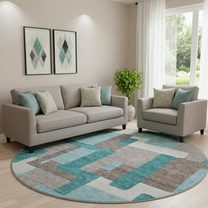 HomeRoots 8' Teal Taupe and Beige Abstract Geometric Round Rug – Washable, UV-Protected, Perfect for Families 662462