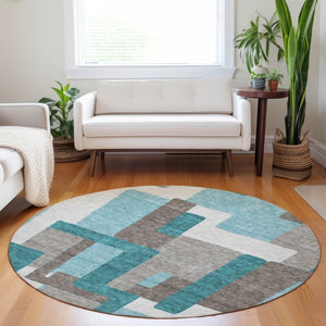 HomeRoots 8' Teal Taupe and Beige Abstract Geometric Round Rug – Washable, UV-Protected, Perfect for Families 662462