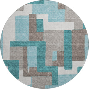 HomeRoots 8' Teal Taupe and Beige Abstract Geometric Round Rug – Washable, UV-Protected, Perfect for Families 662462