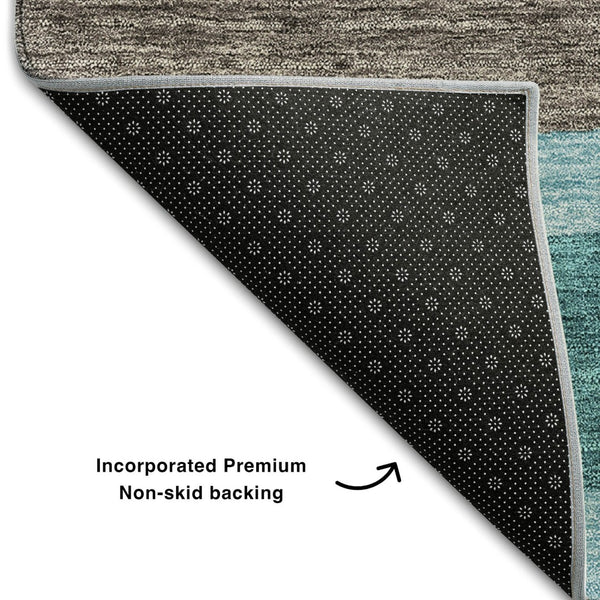 HomeRoots 8' Teal Taupe and Beige Abstract Geometric Round Rug – Washable, UV-Protected, Perfect for Families 662462