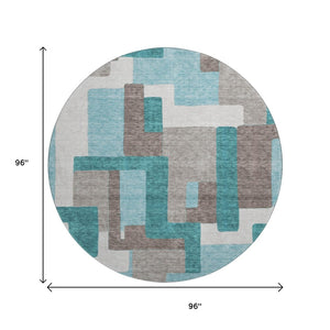 HomeRoots 8' Teal Taupe and Beige Abstract Geometric Round Rug – Washable, UV-Protected, Perfect for Families 662462