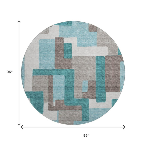 HomeRoots 8' Teal Taupe and Beige Abstract Geometric Round Rug – Washable, UV-Protected, Perfect for Families 662462