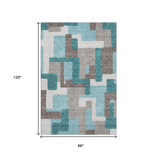HomeRoots 8' X 10' Teal Taupe Beige Abstract Geometric Area Rug - Washable, UV Protected for Family Spaces 662463