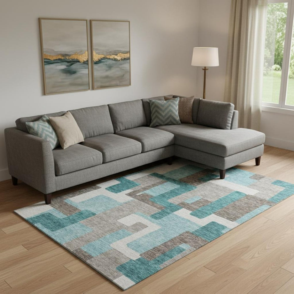 HomeRoots 8' X 10' Teal Taupe Beige Abstract Geometric Area Rug - Washable, UV Protected for Family Spaces 662463