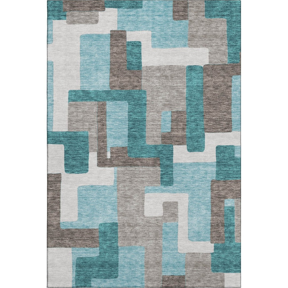HomeRoots 8' X 10' Teal Taupe Beige Abstract Geometric Area Rug - Washable, UV Protected for Family Spaces 662463