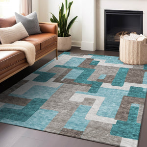 HomeRoots 8' X 10' Teal Taupe Beige Abstract Geometric Area Rug - Washable, UV Protected for Family Spaces 662463