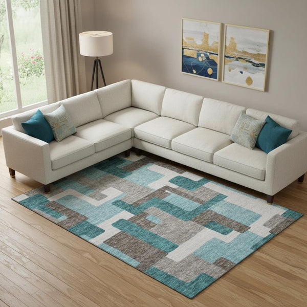HomeRoots 9' X 12' Teal Taupe Beige Abstract Geometric Washable Area Rug - Durable, UV Protected & Stylish! 662464