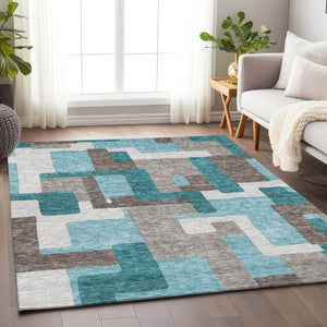 HomeRoots 10' Teal Taupe Beige Abstract Geometric Area Rug - Washable, UV Protected, Stain Resistant, Durable! 662465