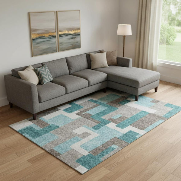 HomeRoots 10' Teal Taupe Beige Abstract Geometric Area Rug - Washable, UV Protected, Stain Resistant, Durable! 662465