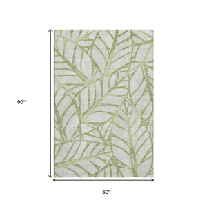 HomeRoots 5' X 8' Elegant Artichoke Green & Beige Floral Washable Area Rug with UV Protection & Durability 662467