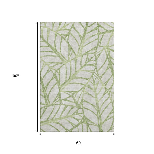 HomeRoots 5' X 8' Elegant Artichoke Green & Beige Floral Washable Area Rug with UV Protection & Durability 662467