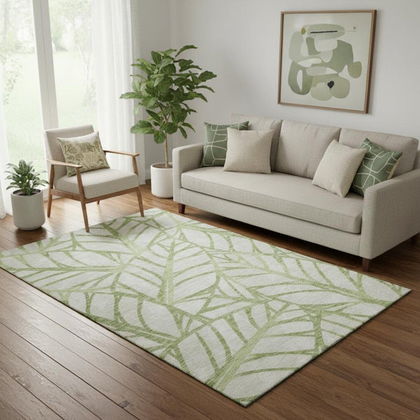 HomeRoots 5' X 8' Elegant Artichoke Green & Beige Floral Washable Area Rug with UV Protection & Durability 662467