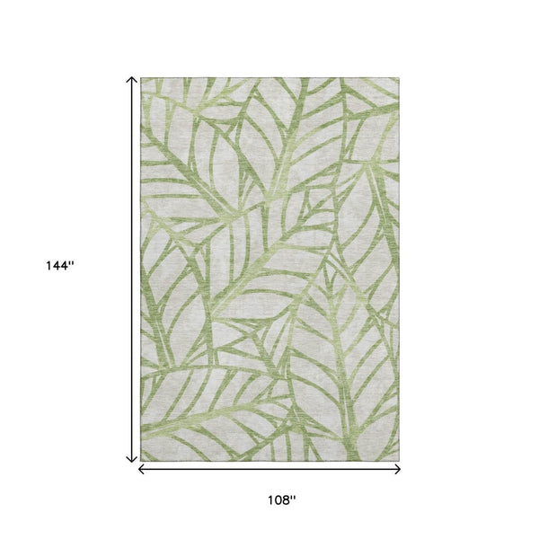 HomeRoots 9' X 12' Artichoke Green Floral Area Rug – Washable, UV Protected, Stain Resistant for Busy Homes 662470