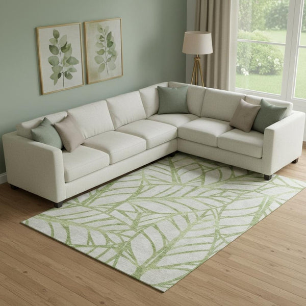 HomeRoots 9' X 12' Artichoke Green Floral Area Rug – Washable, UV Protected, Stain Resistant for Busy Homes 662470