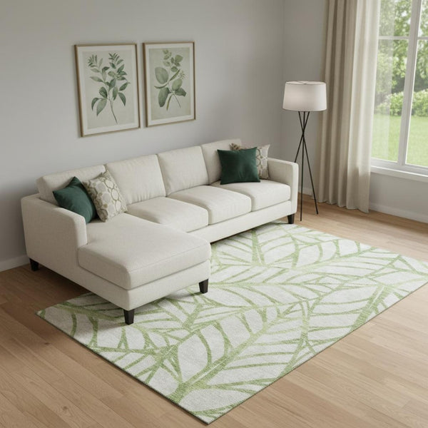 HomeRoots 10' X 14' Artichoke Green Floral Washable Area Rug - UV Protected, Stain Resistant, Family Friendly 662471