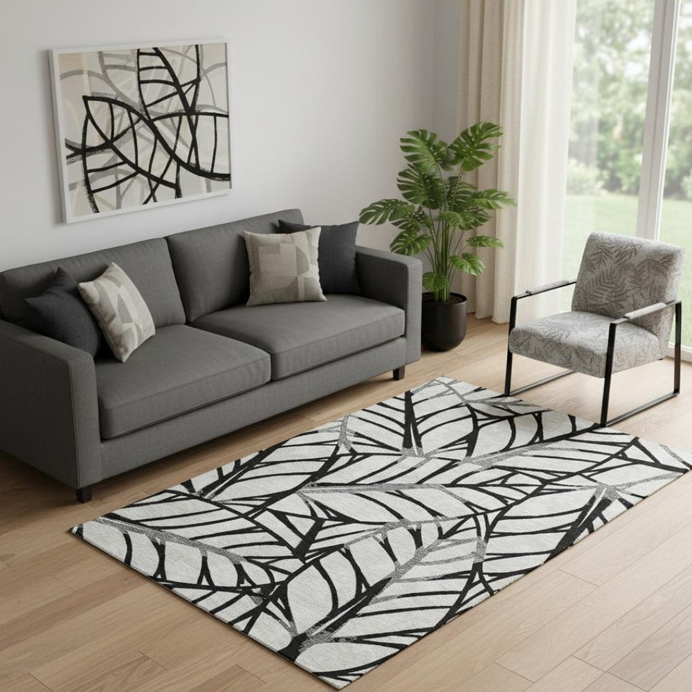 HomeRoots 5' X 8' Black & Beige Floral Area Rug - Washable, UV Protected, Stain Resistant for Easy Care 662479